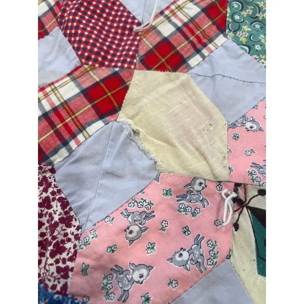 vintage 60-70's handmade patchwork quilt blanket twin size cottage core 6X5